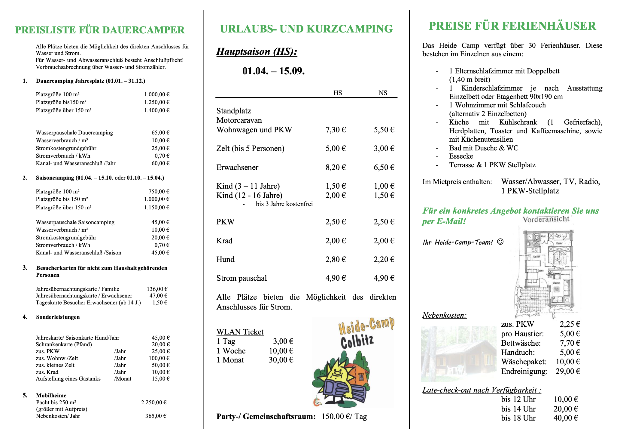 Preisliste des Heide-Camps